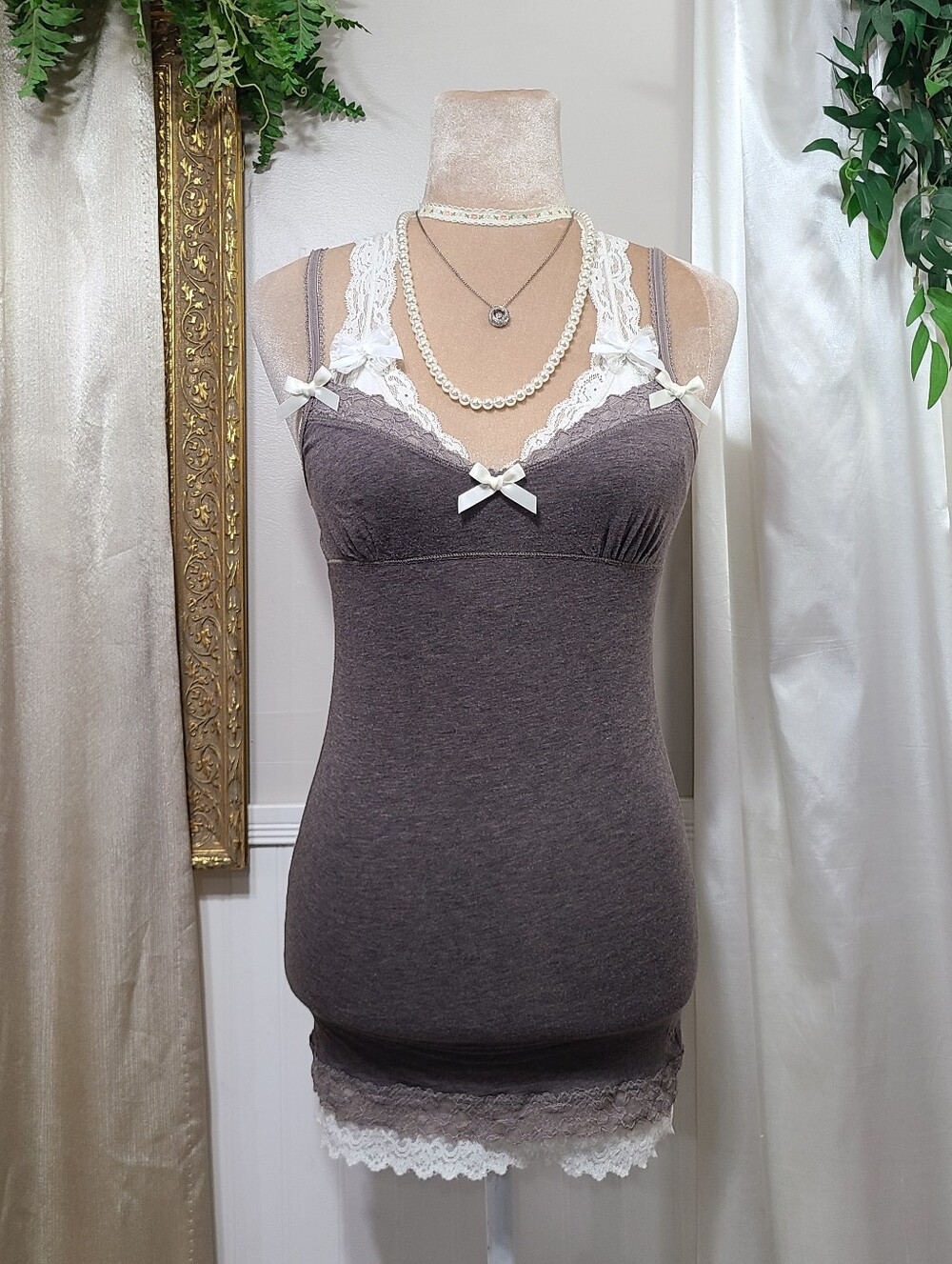 Rare ♡ Y2K ♡ Abercrombie And Fitch Brown Lace Babydoll Cami Satin Bow Tank Top